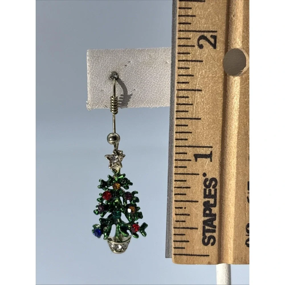 Vintage Silver Tone Rhinestone Christmas‎ Tree Holiday Pierced Dangle Earrings